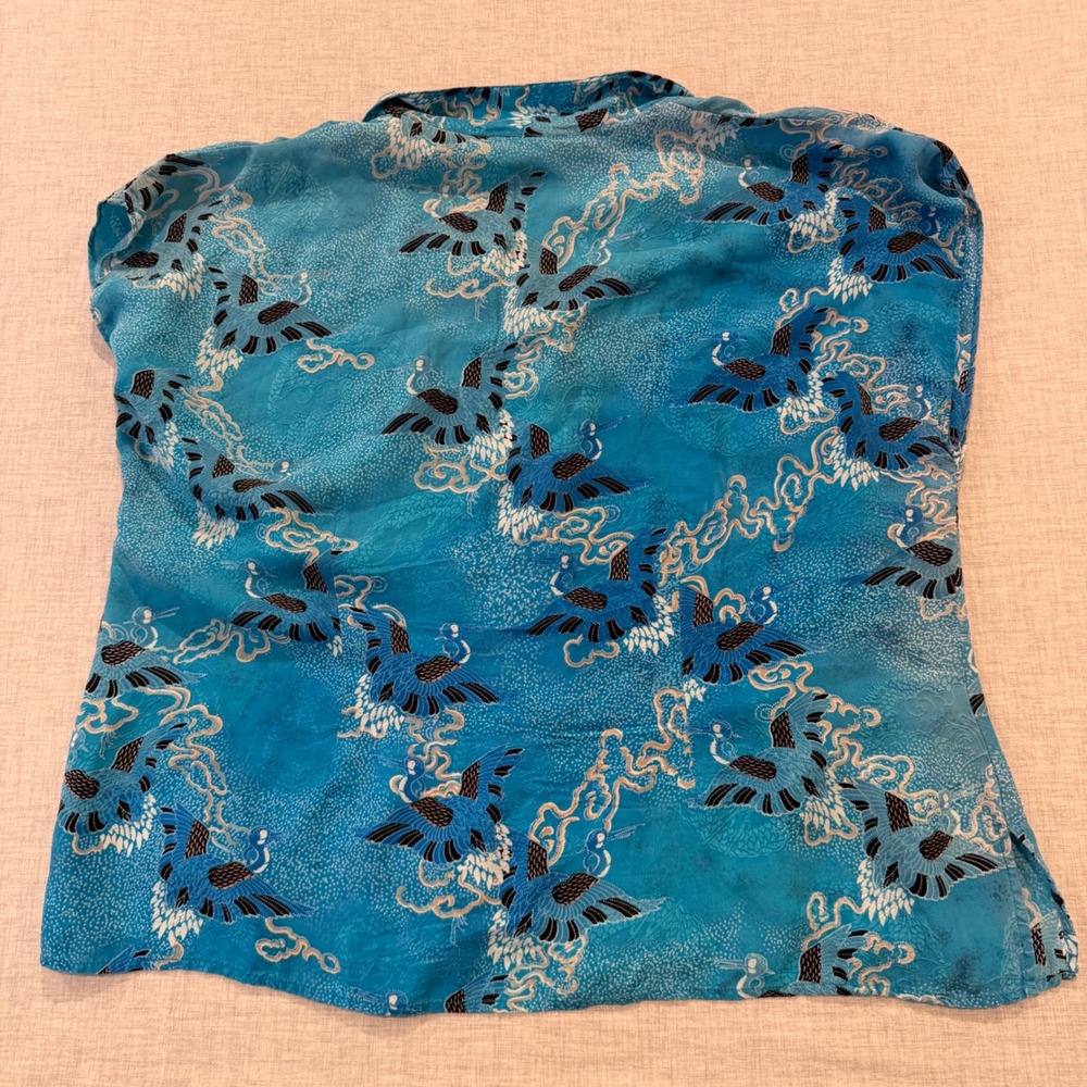 Citron Santa Monica 100% Silk Crane Print Blouse Blue Sleeveless Top Plus 1X - Picture 5 of 9